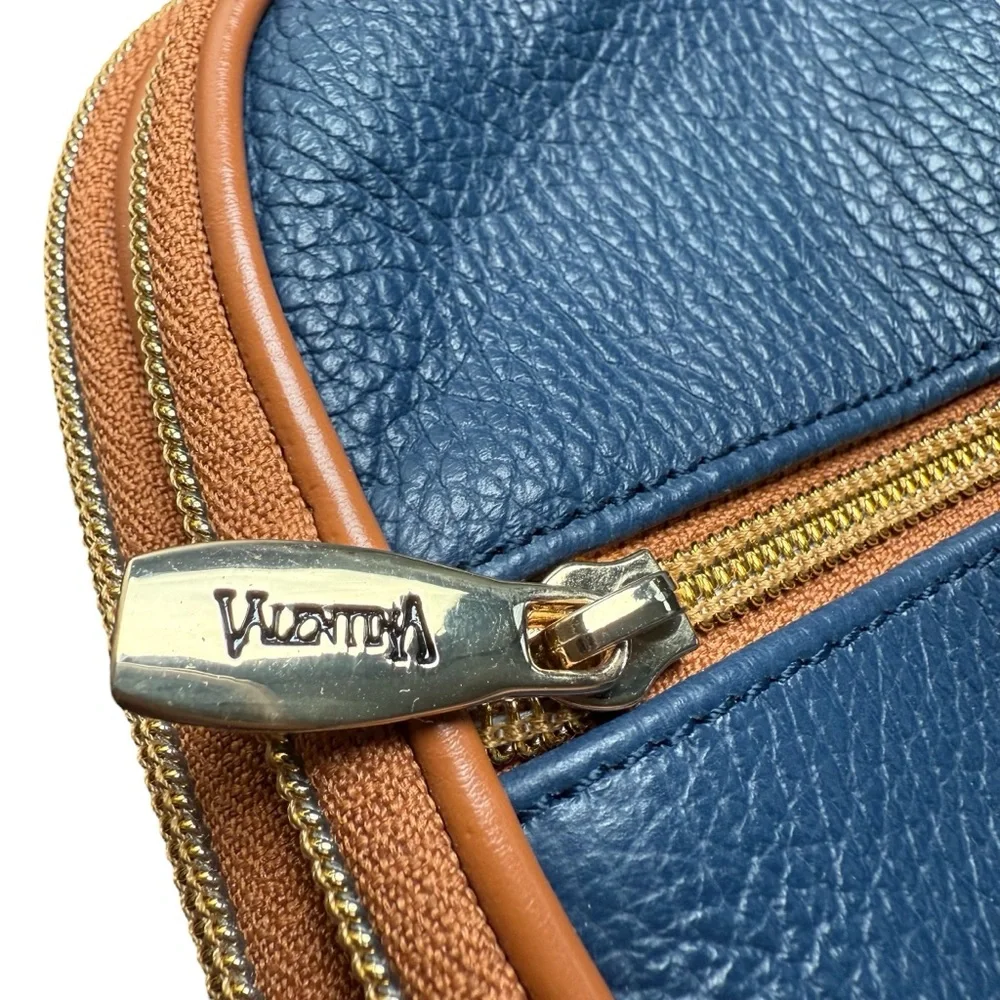 Valentina Italian Blue/Tan Genuine Leather Crossbody Bag Purse Adjustable Strap